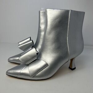 Coutgo Silver Bow Low Kitten Heel Ankle Booties Pointed Toe Women's Size 7 New